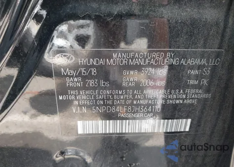 2018 Hyundai Elantra Value Edition z USA, uszkodzony, nr VIN 5NPD84LF8JH364110